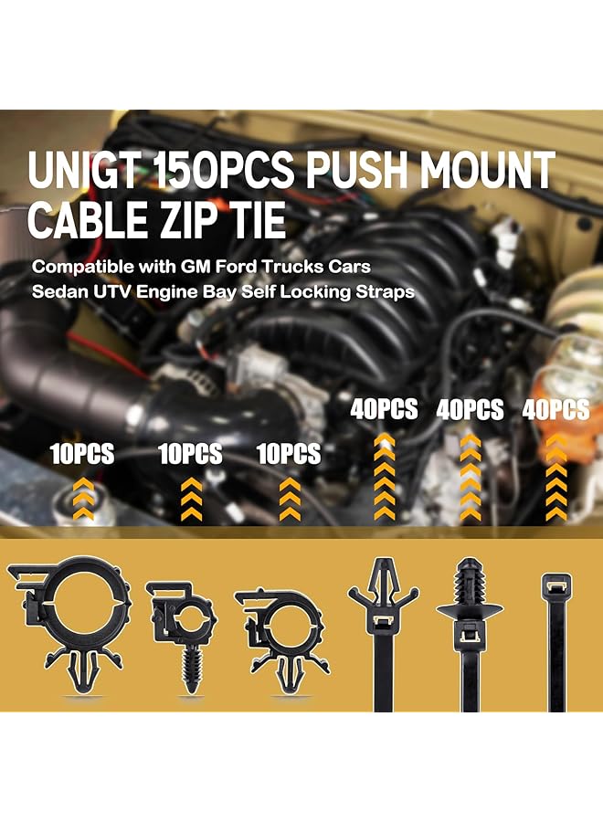 erorex 150Pcs Push Mount Cable Zip Tie With Car Wire Loom Routing Clips Universal Compatible With Gm Trucks Cars Sedan Utv Engine Bay Self Locking Straps - Image 2