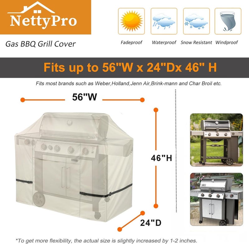 NettyPro غطاء شواية ، مقاس 56 بوصة، مقاوم للماء، من نوع 600D، عالي الجودة، مناسب لأجهزة Weber، Char-Broil، Brinkmann، Nexgrill وغيرها، بلون بيج. - Image 5