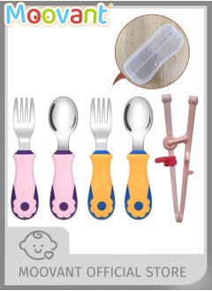 5PCS Kids Spoons and Forks with Training Chopsticks for Children Beginners, Kids Cutlery Set, Kids Flatware 316 Stainless Steel with Plastic Case for Girls Boys