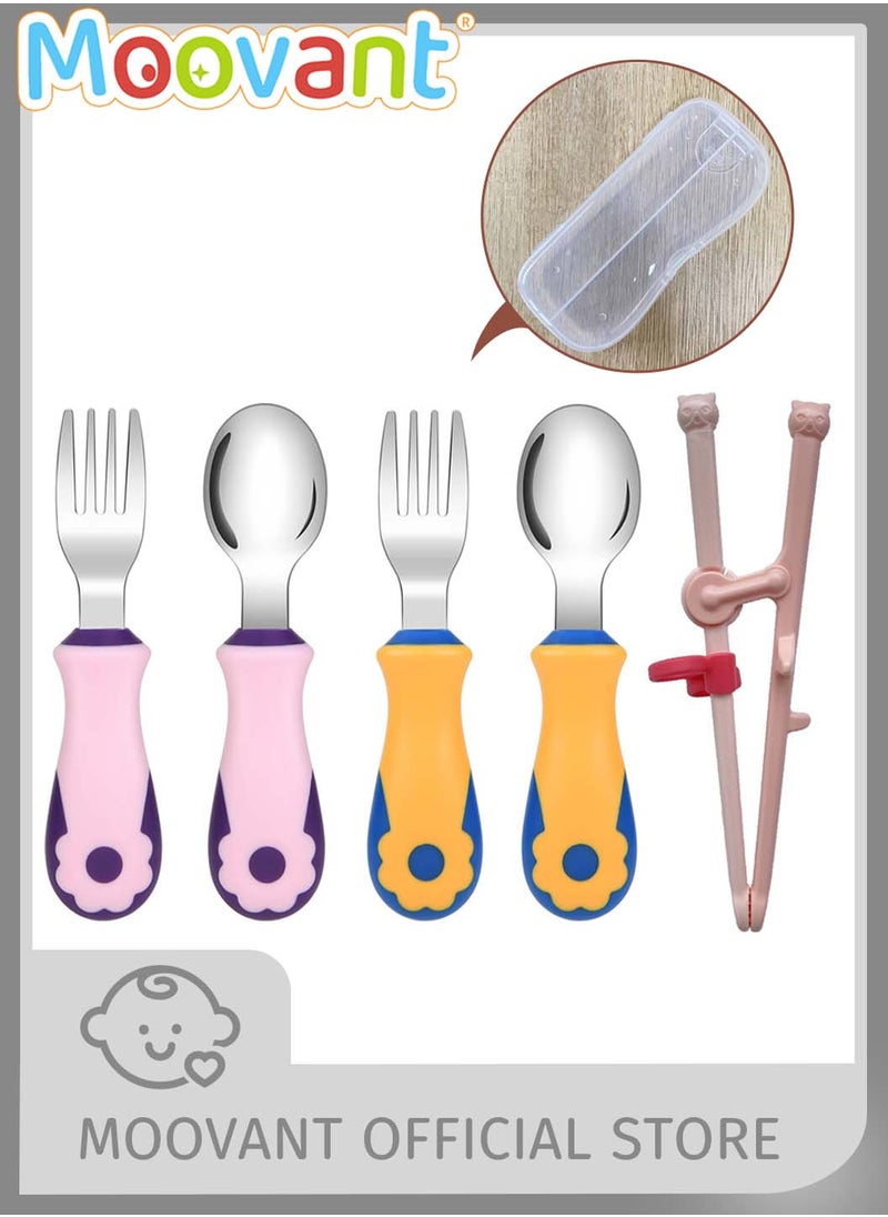Moovant - 5PCS Kids Spoons and Forks with Training Chopsticks for Children Beginners, Kids Cutlery Set, Kids Flatware 316 Stainless Steel with Plastic Case for Girls Boys - Image 1