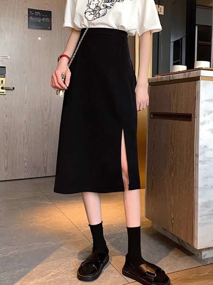 Black Mid-Length Skirt Women'S High-End Dipdown One-Step Skirt Pear-Shaped Figure Temperament Split High A- Line Skirt - Image 2