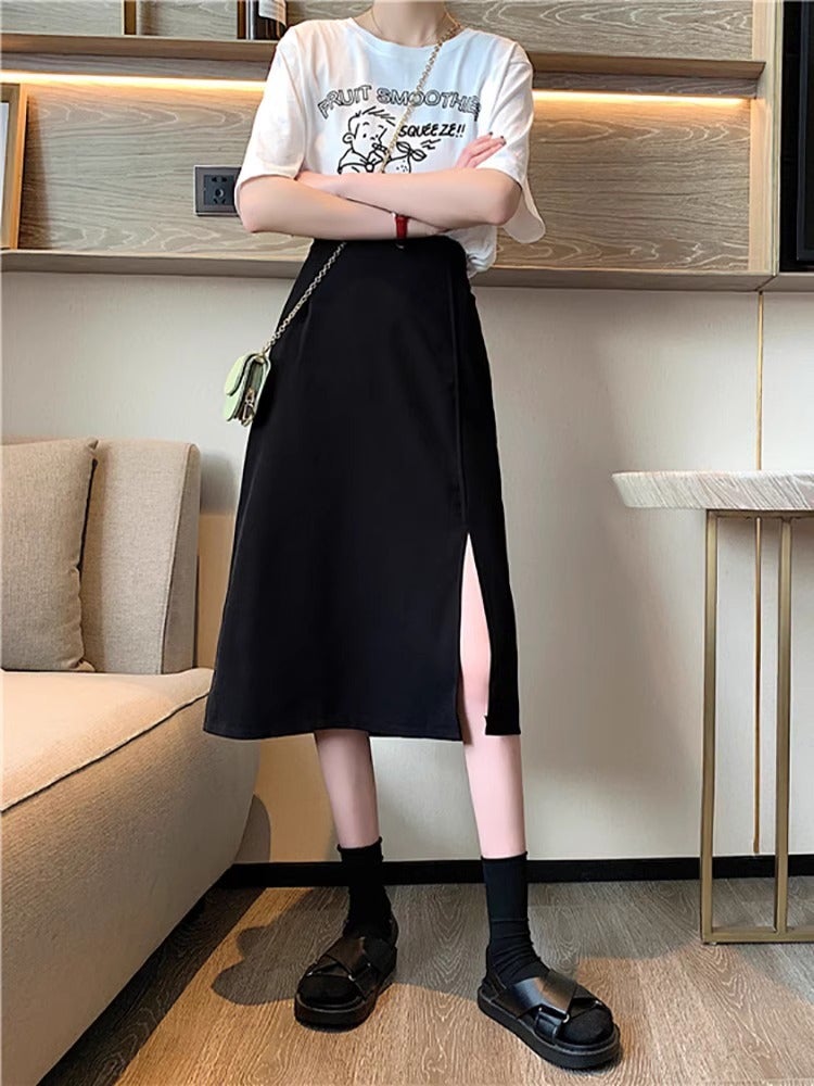 Black Mid-Length Skirt Women'S High-End Dipdown One-Step Skirt Pear-Shaped Figure Temperament Split High A- Line Skirt - Image 4