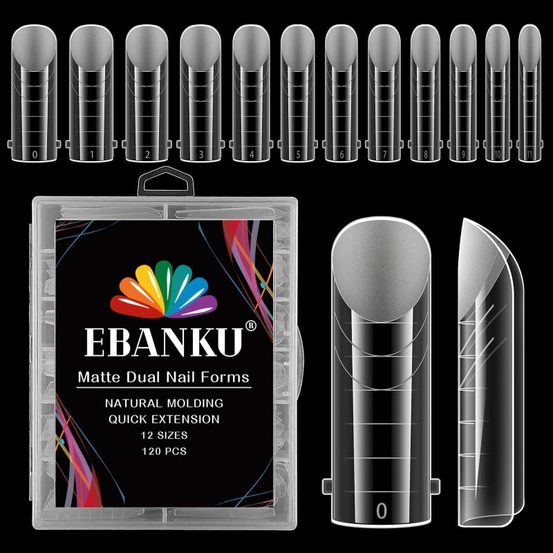EBANKU 120Pcs Matte Dual Nail Forms Clear Poly Gel Nail Molds Square Full Cover Coffin Nail Tips Extension Forms 12 Sizes for Gel Manicure Nail Art Design SalonDIY