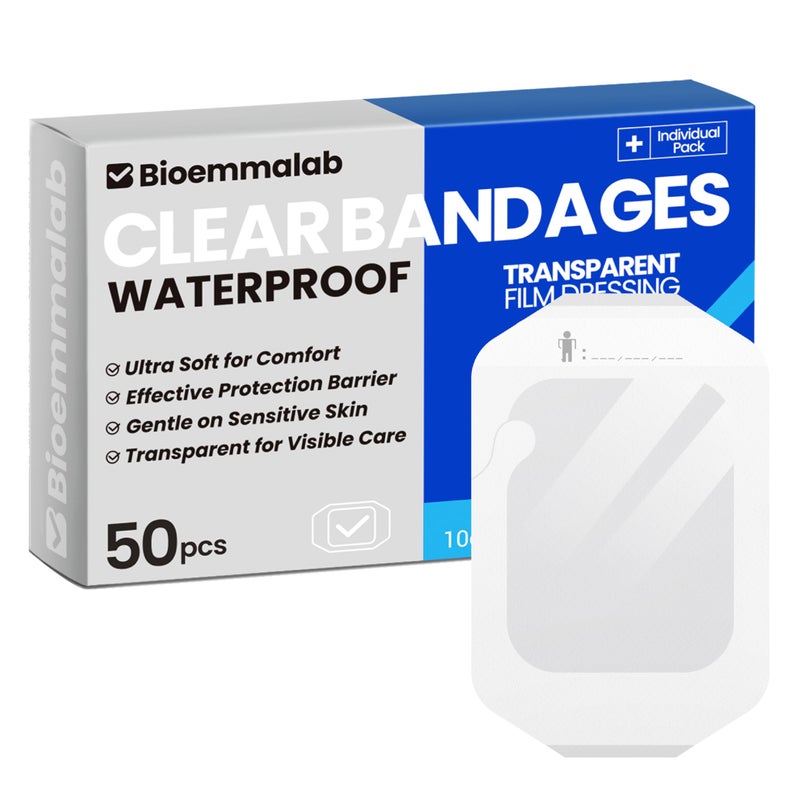 Bioemmalab Large Waterproof Bandages Clear Dressings Tattoo Tape Sensitive Skin Wounds Care, Transparent Film Dressing Adhesive Occlusive Patch for Post Surgical Use, 4" x 4 3/4", 50 Packs - Image 1