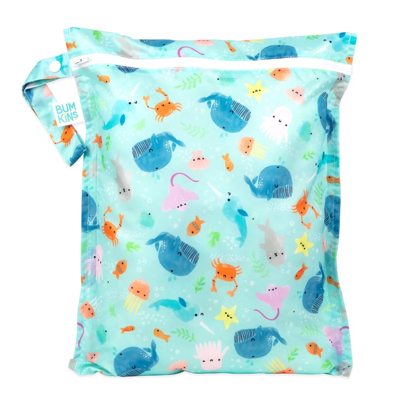 Bumkins Waterproof Wet Bag for Baby, Travel, Swim Suit, Cloth Diapers, Pump Parts, Pool, Beach, Gym Clothes, Toiletry, Hook to Stroller, Daycare, Zipper Reusable Wetdry Packing Pouch, Ocean Life Blue - Image 1