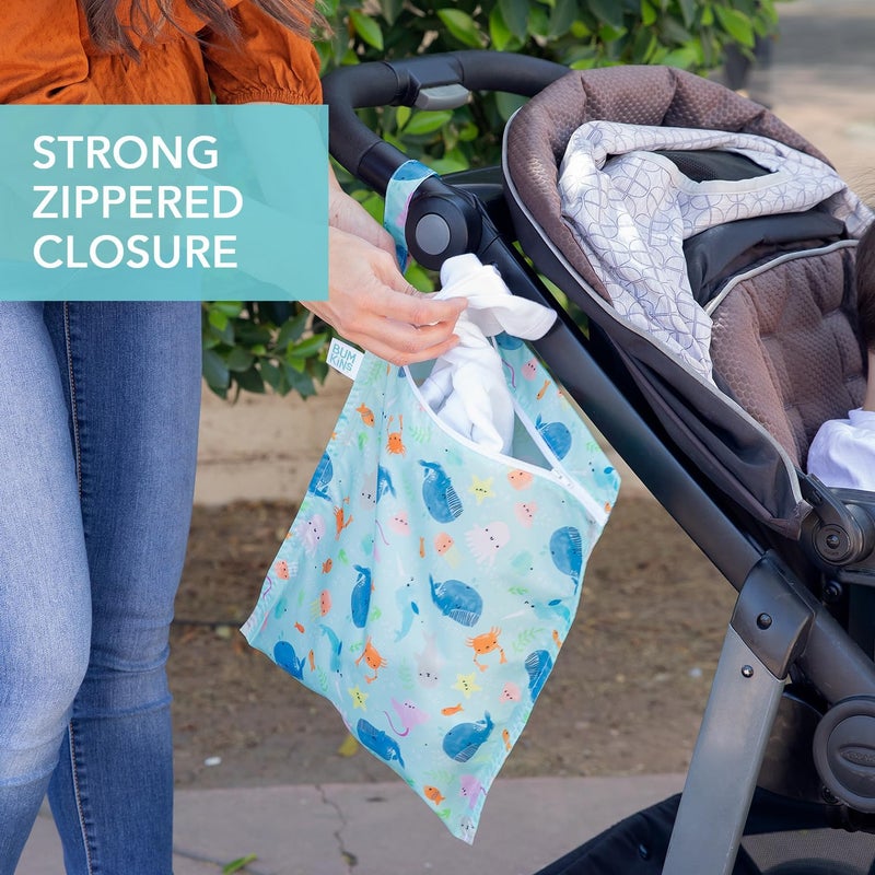 Bumkins Waterproof Wet Bag for Baby, Travel, Swim Suit, Cloth Diapers, Pump Parts, Pool, Beach, Gym Clothes, Toiletry, Hook to Stroller, Daycare, Zipper Reusable Wetdry Packing Pouch, Ocean Life Blue - Image 4