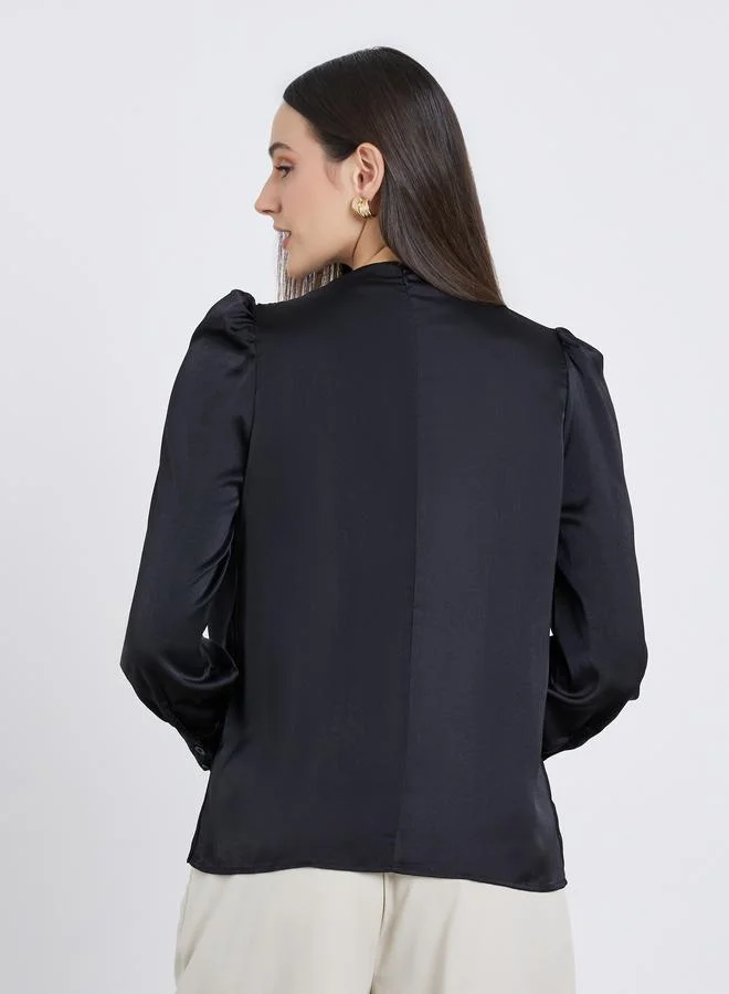 ستايلي Styli Satin Puff Sleeve Pleated Detail Blouse