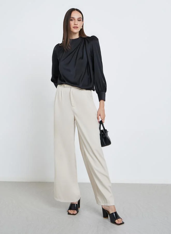 Styli Styli Satin Puff Sleeve Pleated Detail Blouse