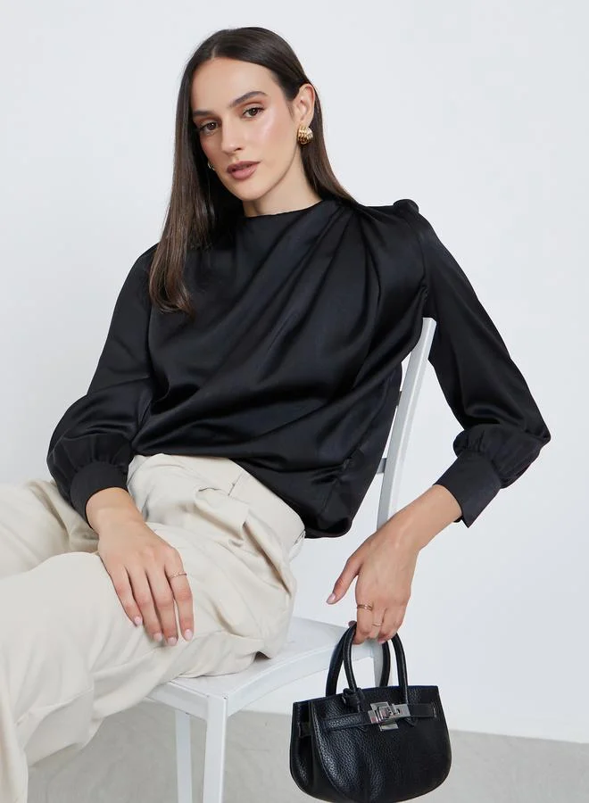Styli Styli Satin Puff Sleeve Pleated Detail Blouse