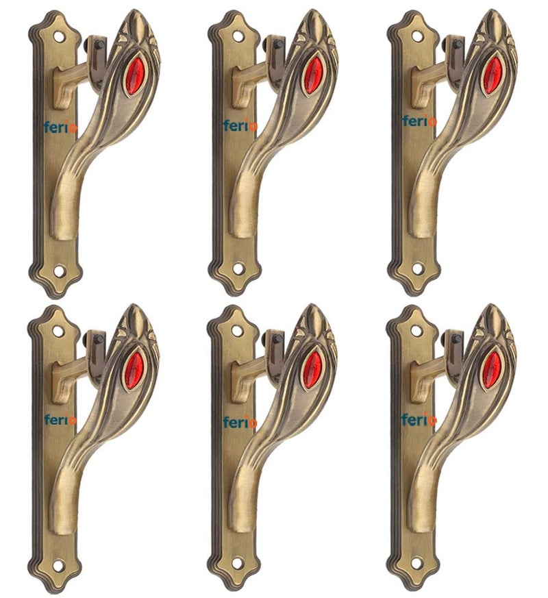 Ferio Zinc and Brass Antique Heavy Curtain Support with Red Stone for Door and Windows Bathroom Fitting Accessories for 1 Inch Rod Size for Home Dcor Pack of 6 - Image 1