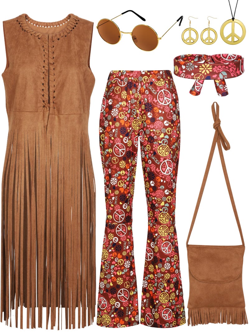 SOMSOC 7 Pieces 70s Women Hippie Costume Set Includes Fringe Vest Bag Pants Headband Peace Sign Necklace Earrings Sunglasses for Halloween (Brown) - Image 1