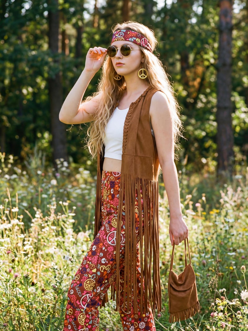 SOMSOC 7 Pieces 70s Women Hippie Costume Set Includes Fringe Vest Bag Pants Headband Peace Sign Necklace Earrings Sunglasses for Halloween (Brown) - Image 5