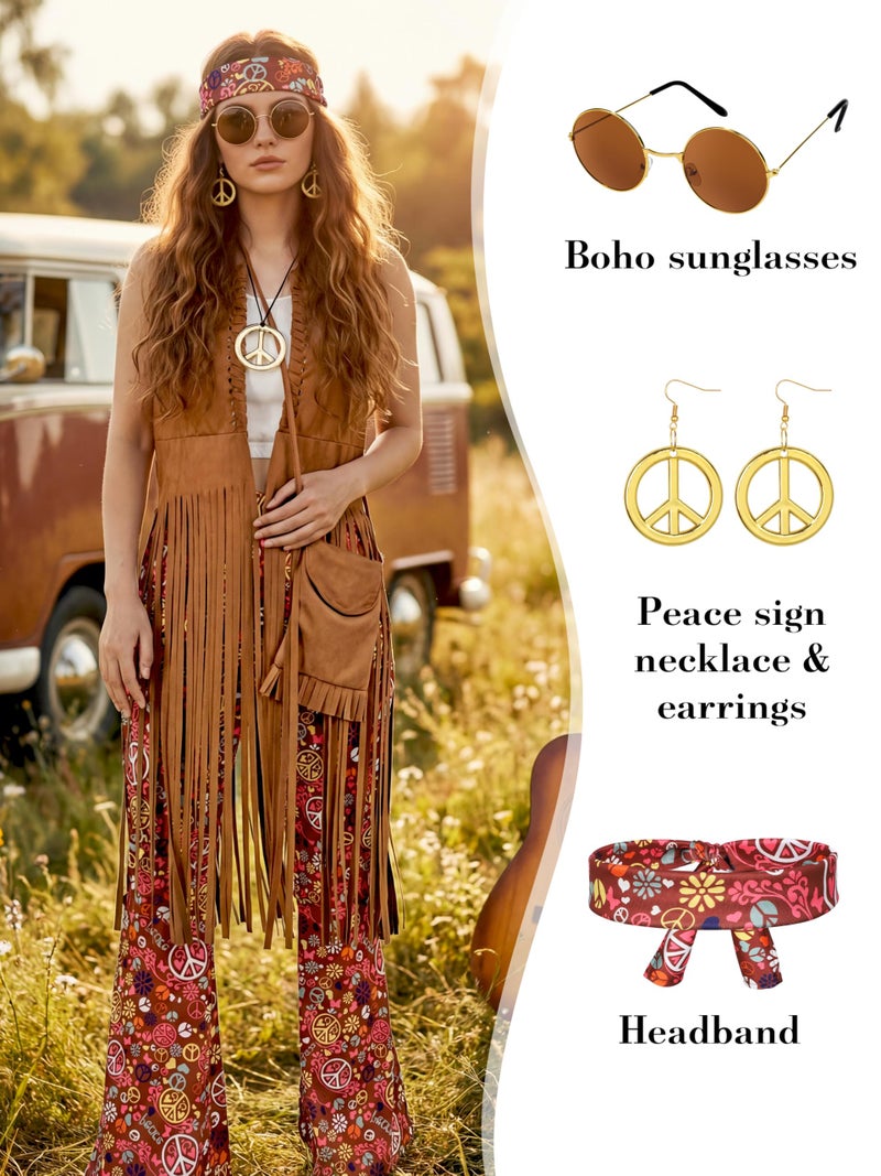 SOMSOC 7 Pieces 70s Women Hippie Costume Set Includes Fringe Vest Bag Pants Headband Peace Sign Necklace Earrings Sunglasses for Halloween (Brown) - Image 3