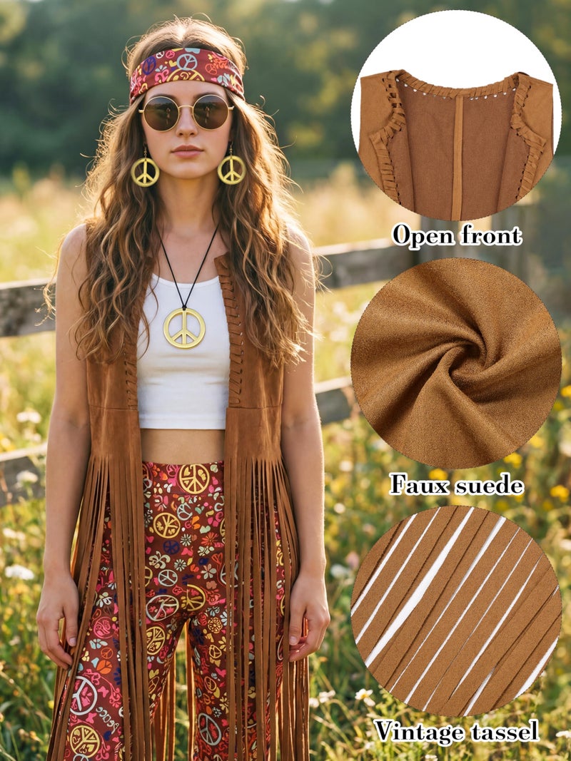SOMSOC 7 Pieces 70s Women Hippie Costume Set Includes Fringe Vest Bag Pants Headband Peace Sign Necklace Earrings Sunglasses for Halloween (Brown) - Image 2
