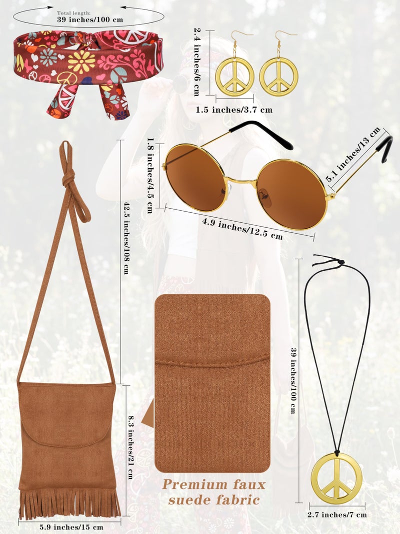 SOMSOC 7 Pieces 70s Women Hippie Costume Set Includes Fringe Vest Bag Pants Headband Peace Sign Necklace Earrings Sunglasses for Halloween (Brown) - Image 4