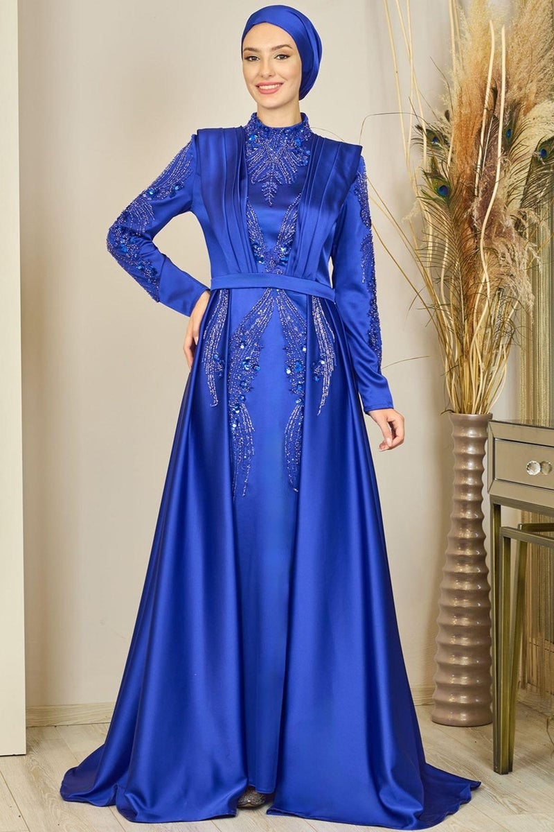 Esilanur Draped Front Beaded Tailed Miranda Hijab Evening Dress Saxe  - Image 1