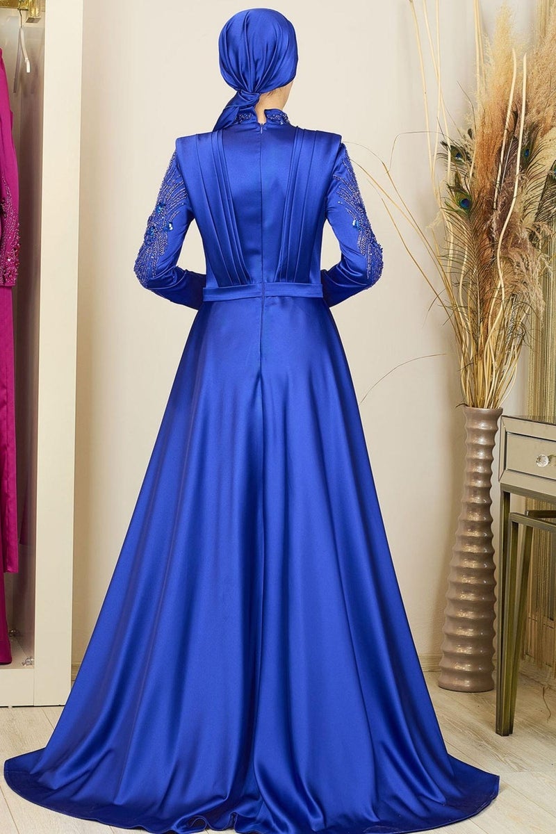 Esilanur Draped Front Beaded Tailed Miranda Hijab Evening Dress Saxe  - Image 3