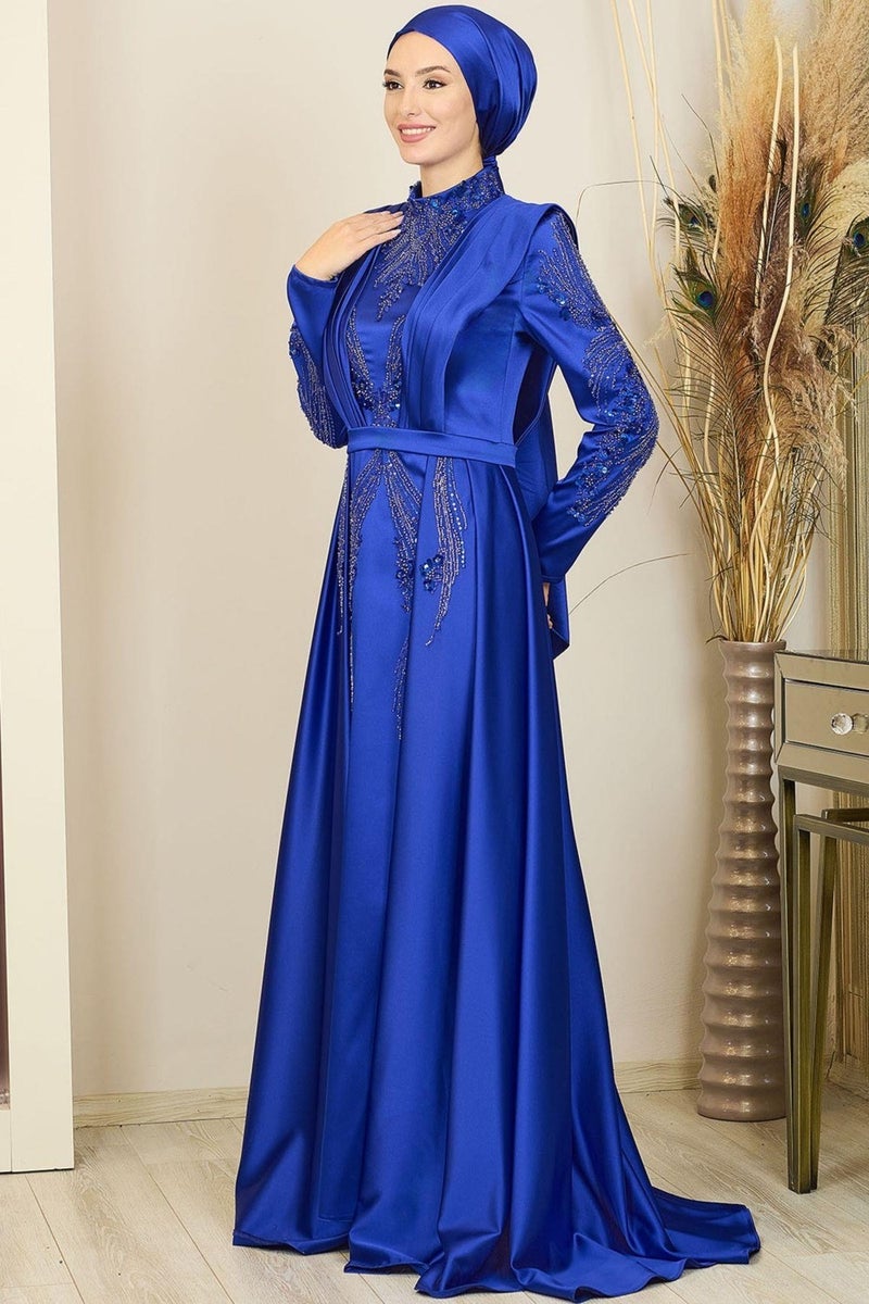 Esilanur Draped Front Beaded Tailed Miranda Hijab Evening Dress Saxe  - Image 4