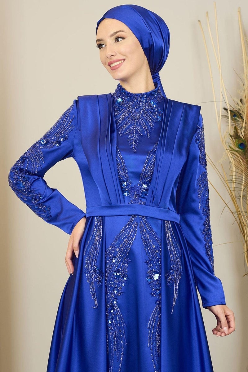 Esilanur Draped Front Beaded Tailed Miranda Hijab Evening Dress Saxe  - Image 2