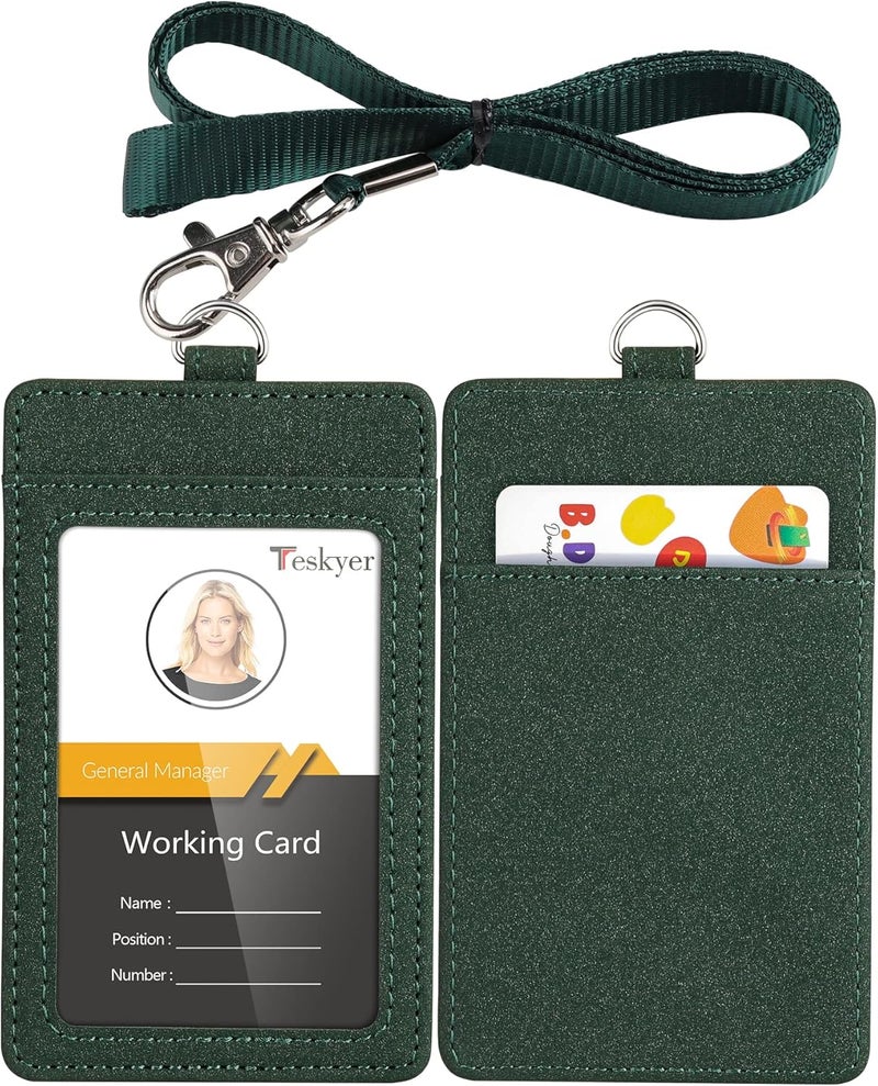 Teskyer Badge Holder with Lanyard, Leather ID Name Badge Card Holder with Lanyard for ID Badges, Vertical, Starry Dark Green - Image 1