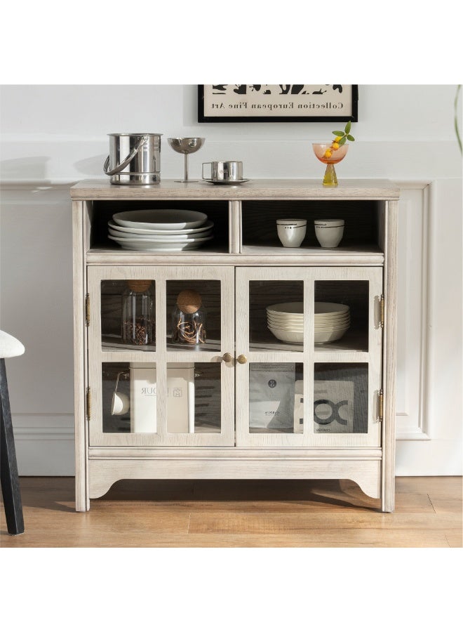 دوهوان خزانة بوفيه من الخشب الصلب مقاس 31.5 بوصة مع مساحة تخزين، خزانة جانبية على طراز المزرعة ببابين، خزانة بار قهوة لغرفة الطعام أو المطبخ أو غرفة المعيشة - Image 1