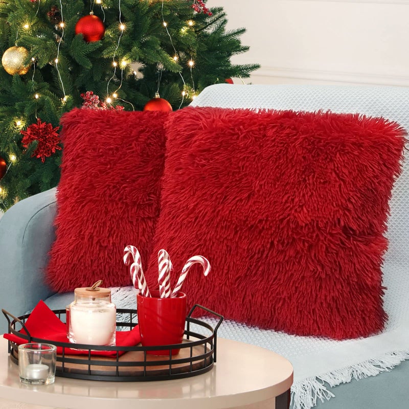BBiggood Red Throw Pillow Covers Pack of 2 Christmas Pillow Covers Decorative Pillows for Couch Luxury Soft Faux Fur Throw Pillow Covers Decor Fluffy Pillows for Bedroom Bed 16 x 16 Inch