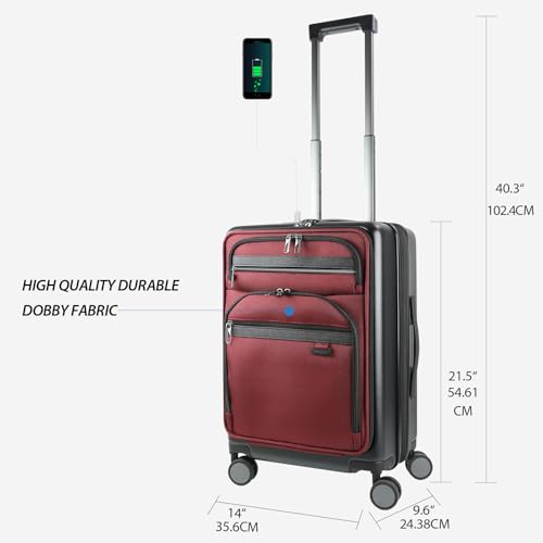 KROSER Hardside Expandable Carry On Luggage 22x14x9 Airline Approved With Front Business Pockets, 20 Inch Suitcases with Wheels, Carry on Suitcase with TSA Lock & USB Port, Black-Dark Red - Image 2