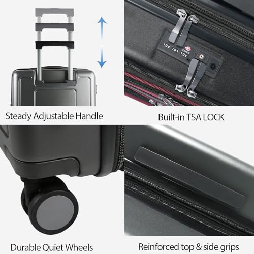 KROSER Hardside Expandable Carry On Luggage 22x14x9 Airline Approved With Front Business Pockets, 20 Inch Suitcases with Wheels, Carry on Suitcase with TSA Lock & USB Port, Black-Dark Red - Image 4