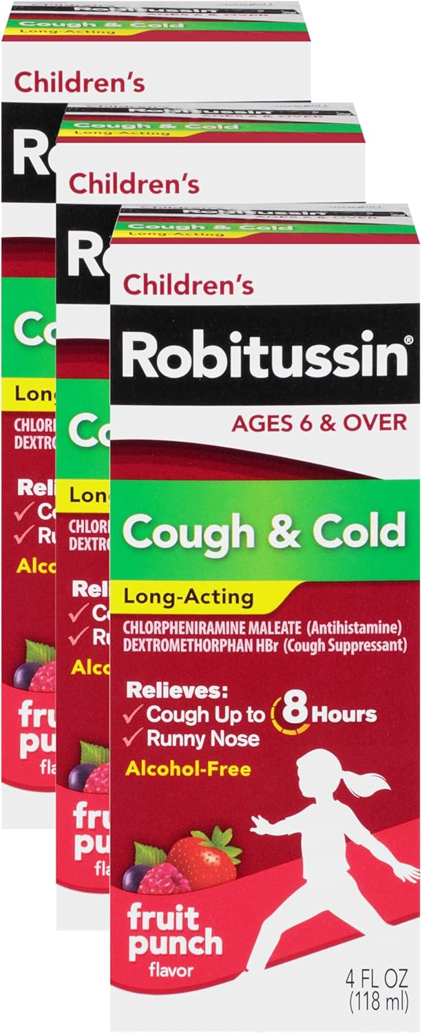 Robitussin Childrens LongActing Cough and Cold Medicine for Kids Fruit Punch Flavor  4 Fl Oz Bottle Pack of 3 - Image 1