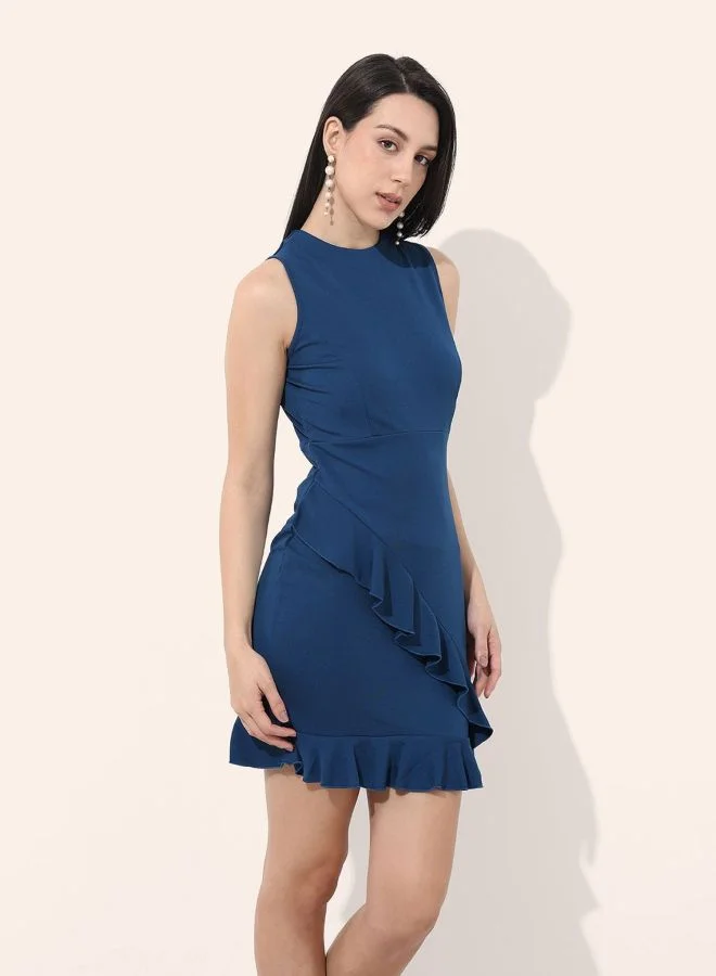 Freehand  Women Regular Fit Solid Round Neck Sleeveless Ruffle Dress for Women | Best Price UAE