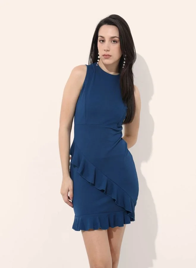 Women Regular Fit Solid Round Neck Sleeveless Ruffle Dress