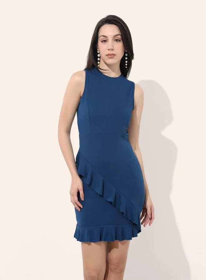 Freehand  Women Regular Fit Solid Round Neck Sleeveless Ruffle Dress for Women | Best Price UAE
