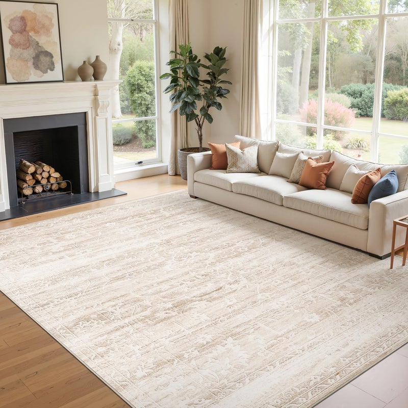 Soalmost 8x10 Area Rugs for Living Room, Stain Resistant Neutral Washable Rugs for Dining Room, Floral Vintage Non-Slip Thin Large Size Area Rug Beige Ivory - Image 1