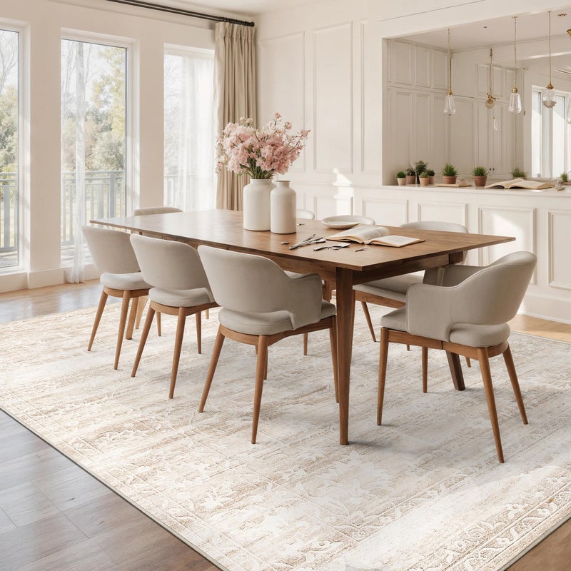 Soalmost 8x10 Area Rugs for Living Room, Stain Resistant Neutral Washable Rugs for Dining Room, Floral Vintage Non-Slip Thin Large Size Area Rug Beige Ivory - Image 3
