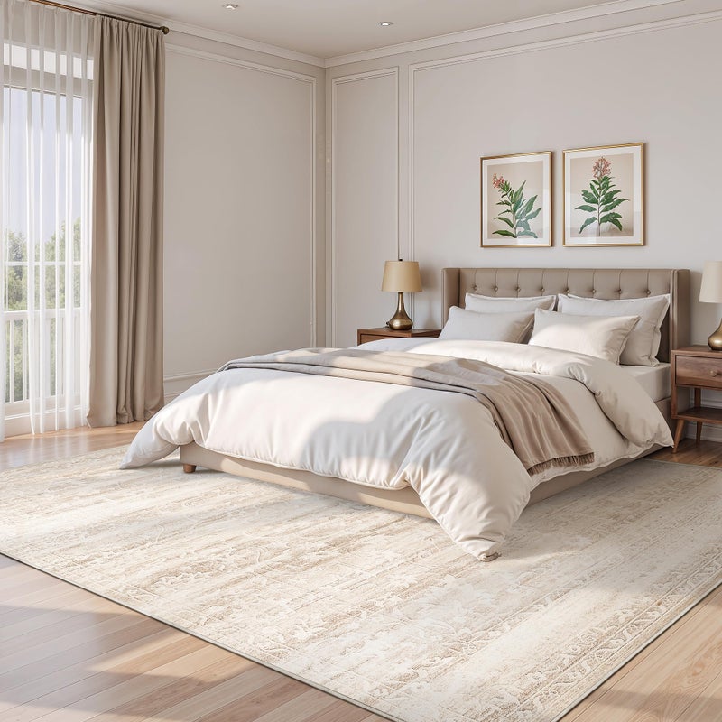 Soalmost 8x10 Area Rugs for Living Room, Stain Resistant Neutral Washable Rugs for Dining Room, Floral Vintage Non-Slip Thin Large Size Area Rug Beige Ivory - Image 2