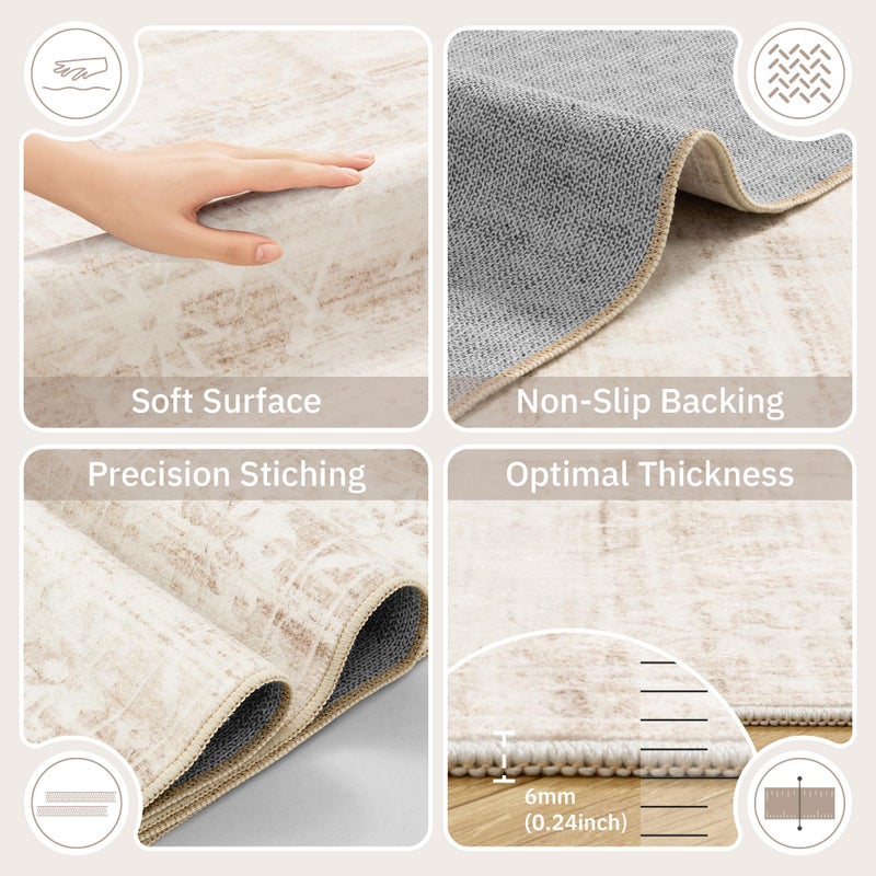 Soalmost 8x10 Area Rugs for Living Room, Stain Resistant Neutral Washable Rugs for Dining Room, Floral Vintage Non-Slip Thin Large Size Area Rug Beige Ivory - Image 5