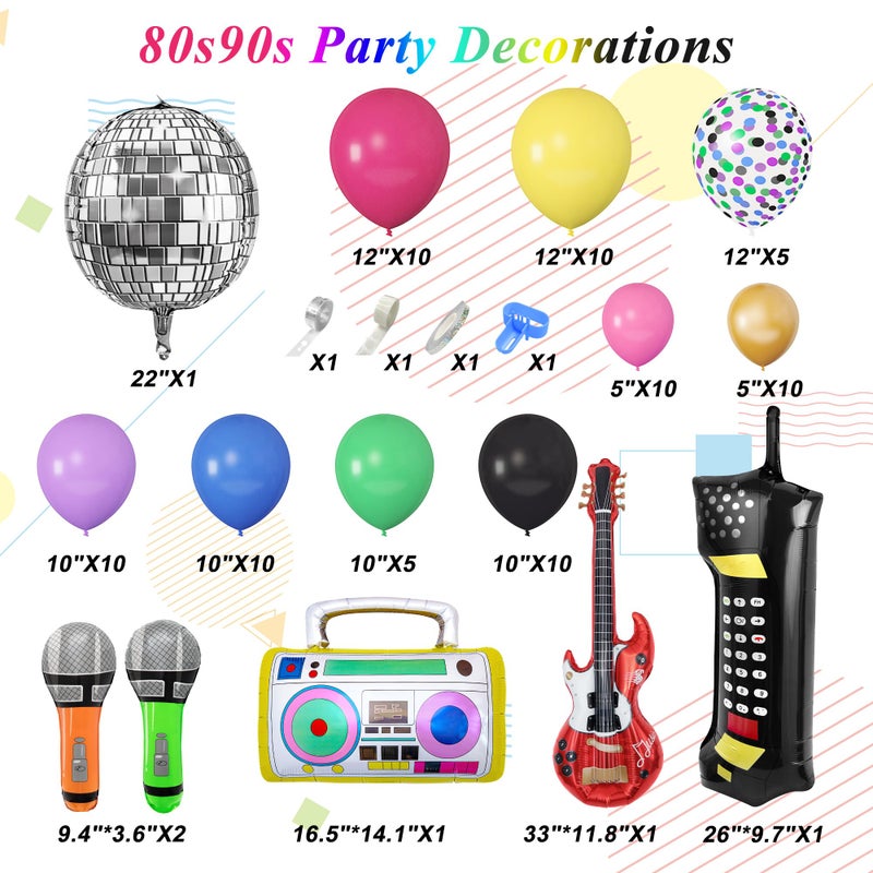 Amandir 80s 90s Theme Party Decorations, 90Pcs Balloon Garland Kit 6PCS Disco Ball Radio Boom Box Retro Mobile Phone Guitar Microphone Foil Balloons for Back to 80s 90s Hip Hop Birthday Supplies - Image 2