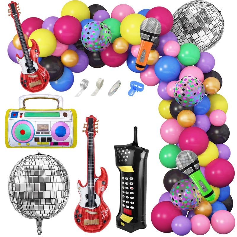 Amandir 80s 90s Theme Party Decorations, 90Pcs Balloon Garland Kit 6PCS Disco Ball Radio Boom Box Retro Mobile Phone Guitar Microphone Foil Balloons for Back to 80s 90s Hip Hop Birthday Supplies - Image 1
