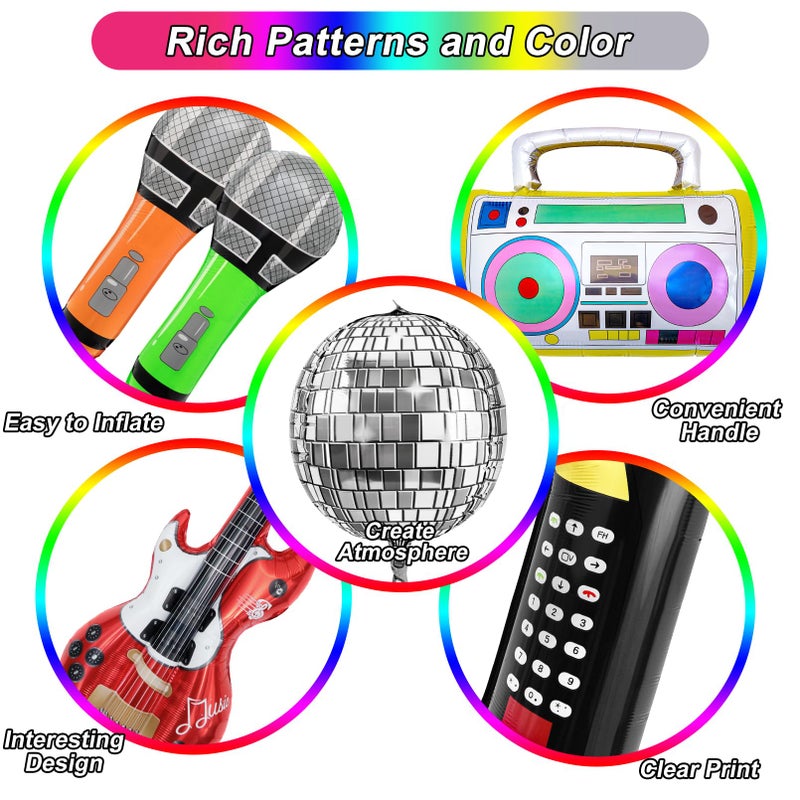 Amandir 80s 90s Theme Party Decorations, 90Pcs Balloon Garland Kit 6PCS Disco Ball Radio Boom Box Retro Mobile Phone Guitar Microphone Foil Balloons for Back to 80s 90s Hip Hop Birthday Supplies - Image 3