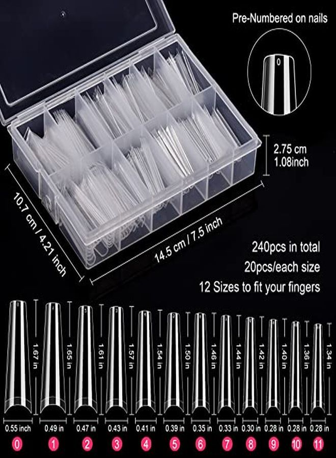 MORGLES Nail Tips Morgles 240Pcs Extra Long Nail Tips Clear Acrylic Nail Tips Ballerina Coffin False Nail Tip Half Cover Coffin Fake Nail Tips With Glues Nail Clipper Files For Nail Salon Home12 Sizes - Image 2