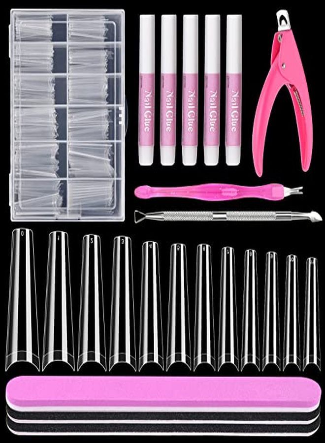 MORGLES Nail Tips Morgles 240Pcs Extra Long Nail Tips Clear Acrylic Nail Tips Ballerina Coffin False Nail Tip Half Cover Coffin Fake Nail Tips With Glues Nail Clipper Files For Nail Salon Home12 Sizes - Image 1