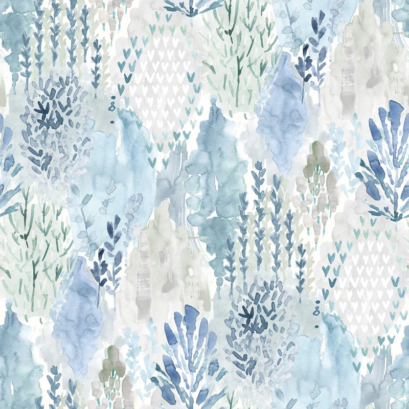 RoomMates RMK12330PLW Blue Watercolor Tree Mosaic Peel and Stick Wallpaper - Image 1