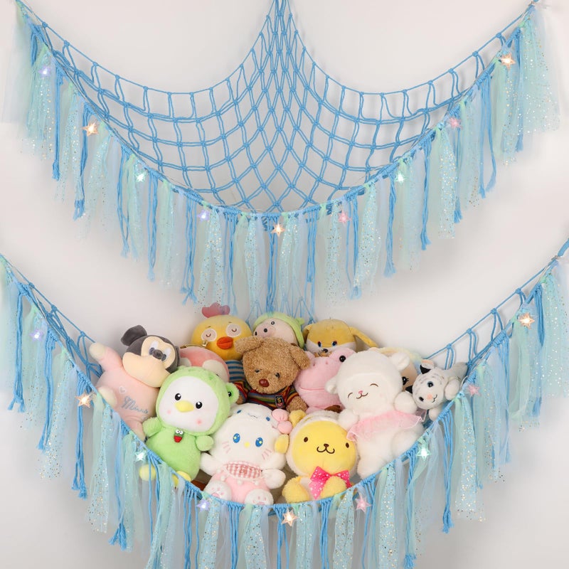 YELIENM YELIENM Stuffed Animal Hammock with LED Lights  59 Inch Large Toy Storage Net for Kids Bedroom WallMounted Plush Organizer with Wooden Rings Nursery Decor Handwoven Blue