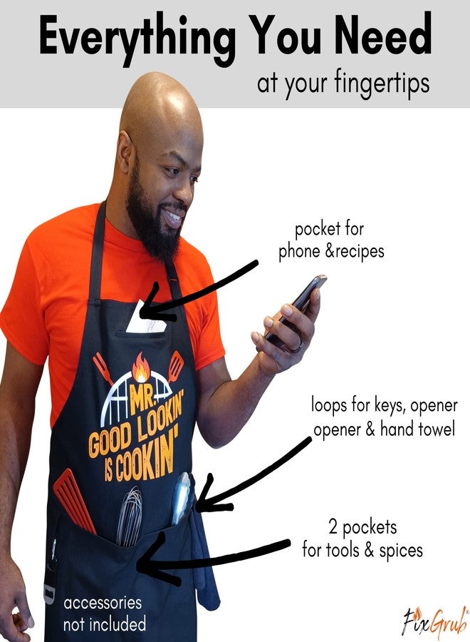 FixGrub Mr Good Lookin is Cookin BBQ Apron, Cooking Apron, Dad Apron, Funny Black Kitchen Apron with 3 Pockets,100% Cotton Durable - Image 2