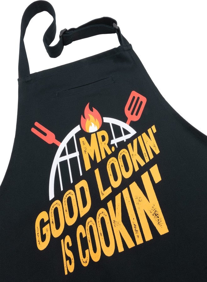FixGrub Mr Good Lookin is Cookin BBQ Apron, Cooking Apron, Dad Apron, Funny Black Kitchen Apron with 3 Pockets,100% Cotton Durable - Image 1