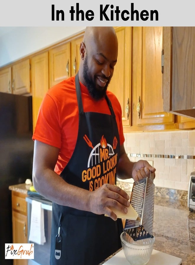 FixGrub Mr Good Lookin is Cookin BBQ Apron, Cooking Apron, Dad Apron, Funny Black Kitchen Apron with 3 Pockets,100% Cotton Durable - Image 5