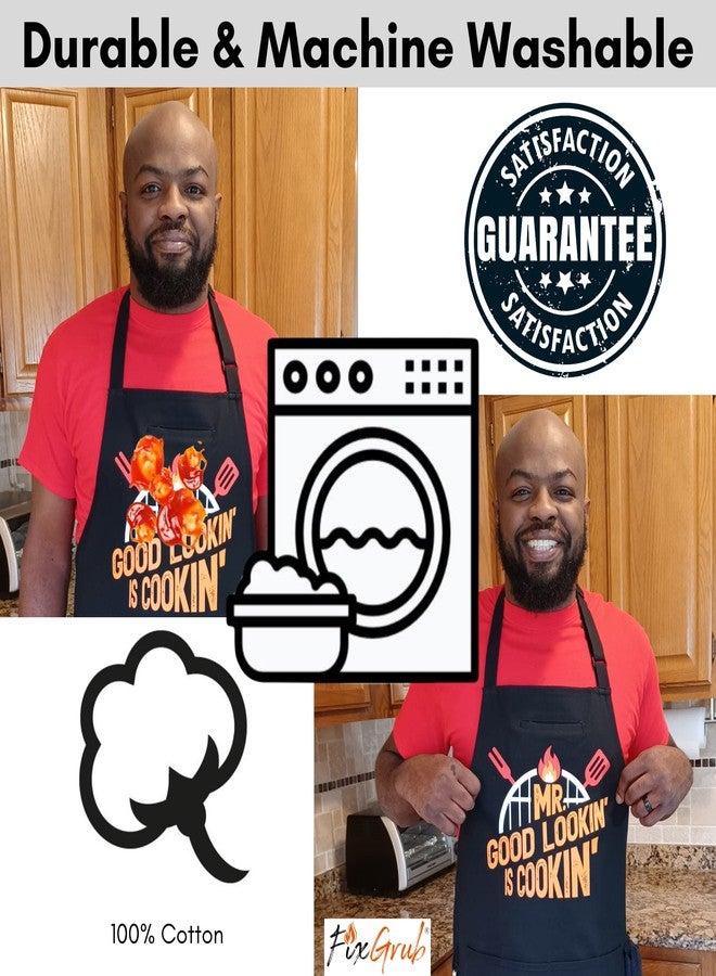 FixGrub Mr Good Lookin is Cookin BBQ Apron, Cooking Apron, Dad Apron, Funny Black Kitchen Apron with 3 Pockets,100% Cotton Durable - Image 3
