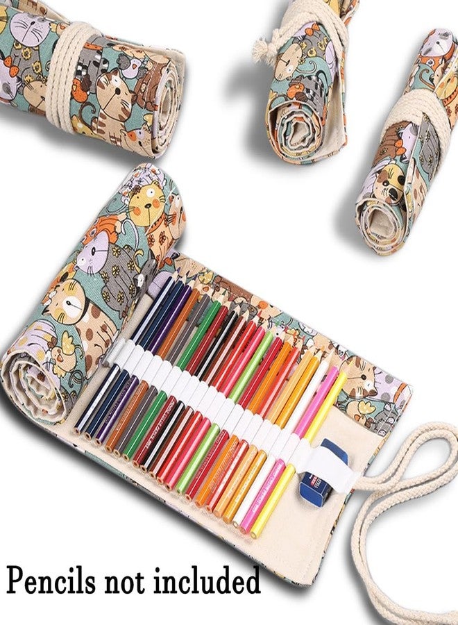 DIYOMR 24/36/72 Slots Pencil Wrap Pencil Rolls, Artist Colored Pencils Roll Up Bag Short Brushes Pouch Case Pencils Organizer for Drawing Coloring and Sketching, NO PENCILS (Cuddly Cat, 24slots) - Image 2