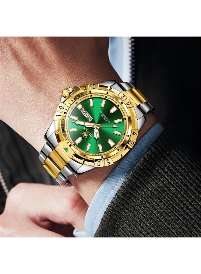 أوليفز ساعة يد  للرجال باللون الأخضر والوجه الكبير والفضي الفاخر من الفولاذ المقاوم للصدأ مع سلسلة كوارتز مضادة للماء للرجال - Image 4