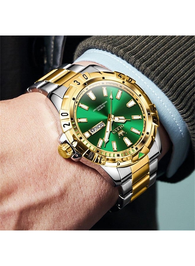 أوليفز ساعة يد  للرجال باللون الأخضر والوجه الكبير والفضي الفاخر من الفولاذ المقاوم للصدأ مع سلسلة كوارتز مضادة للماء للرجال - Image 3